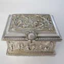 Sterling Silver Jewellery Box with a Plain Oval Body and a Hinged Floral and Scroll Lid